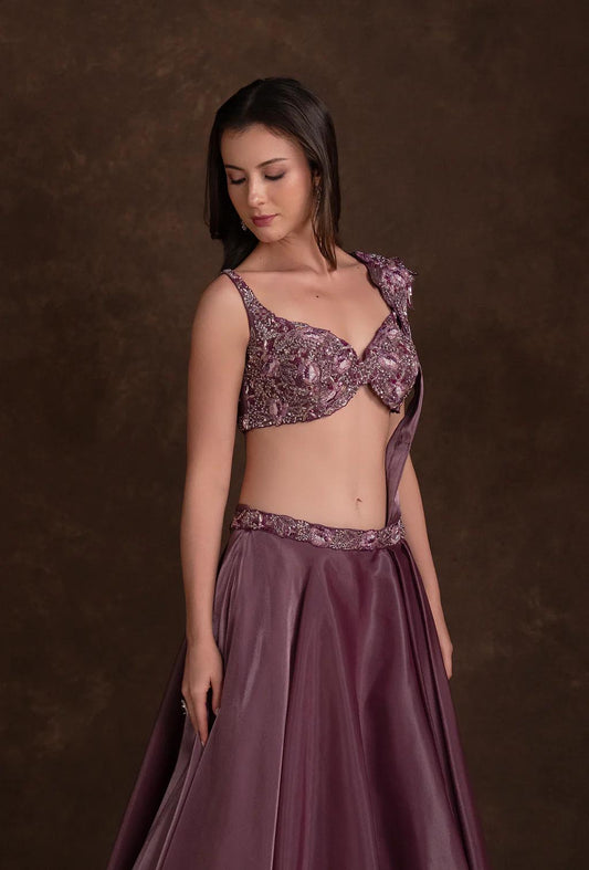 Amora Berry Wine Glass Tissue Embroidered Lehenga Set with Attached Dupatta