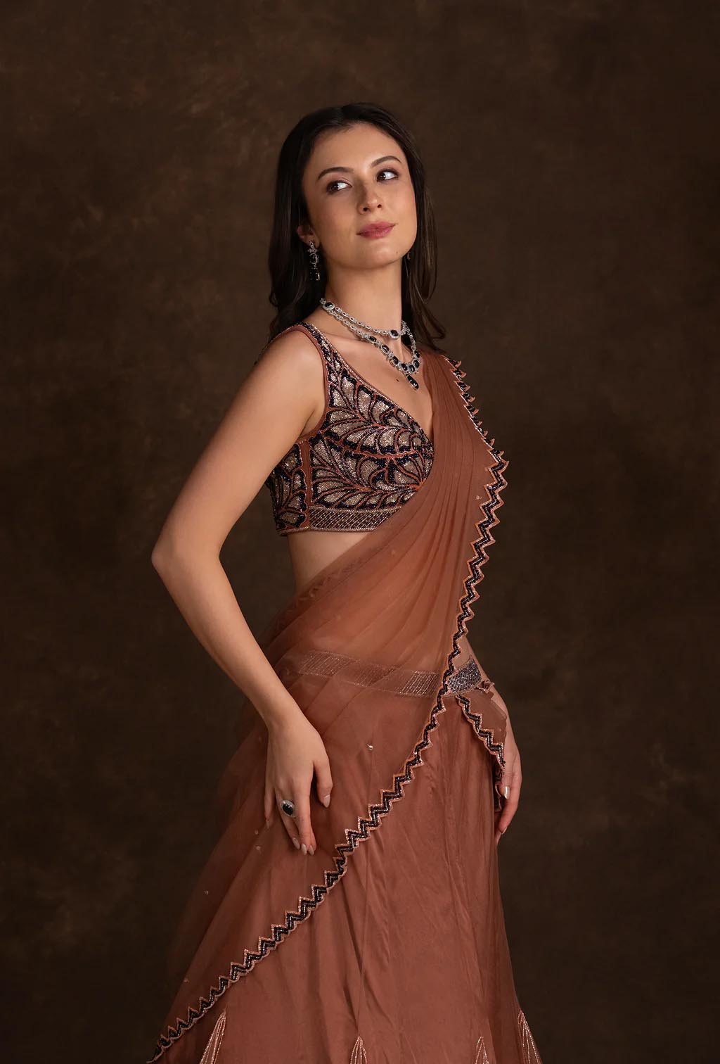 Saira Rust Red Mermaid Ruffle Lehenga Saree