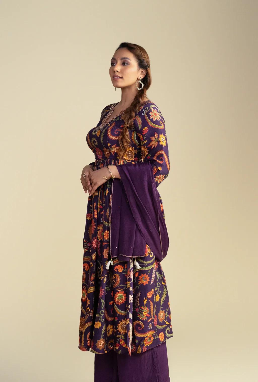 Purple Floral Silk Kurta & Palazzo Set