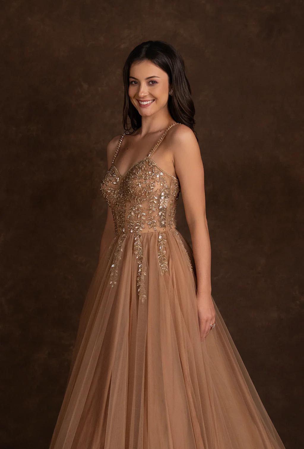 Alaya Mocha Brown Corset Style Stonework Gown