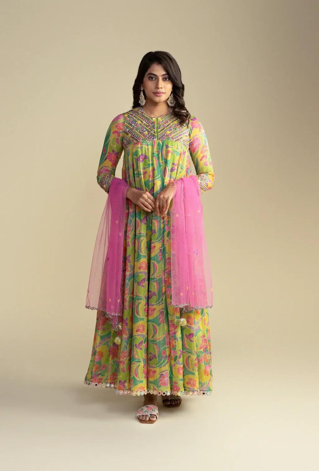 Green Floral Anarkali Set