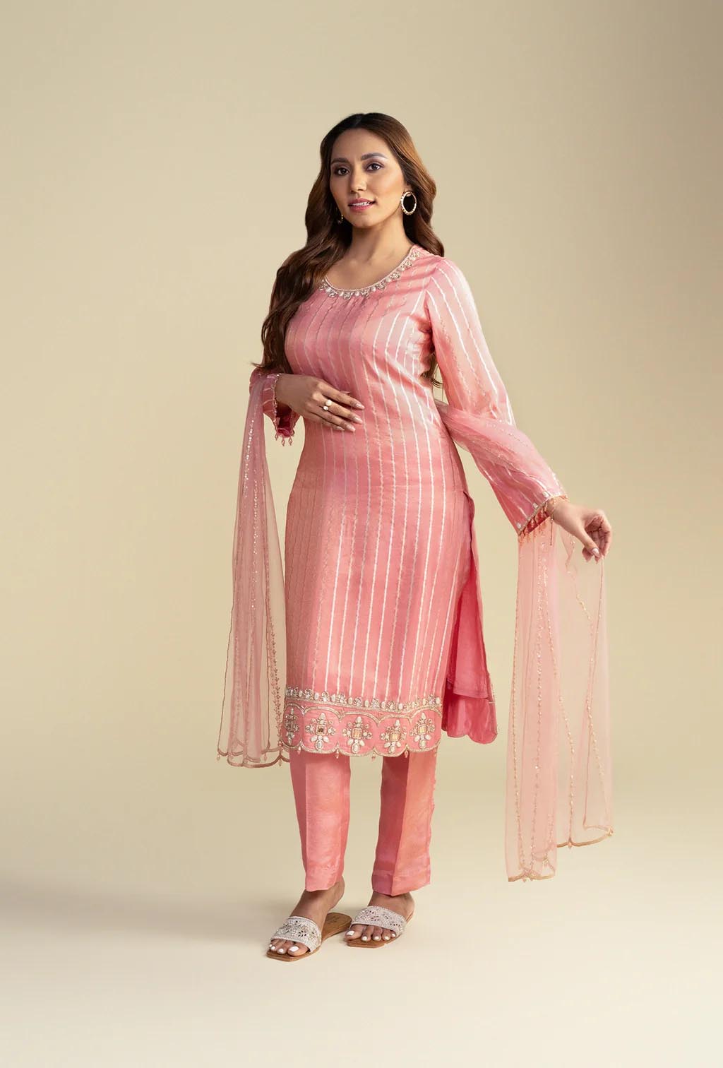 Light Pink Sequined Stripe Ethnic Kurta Set