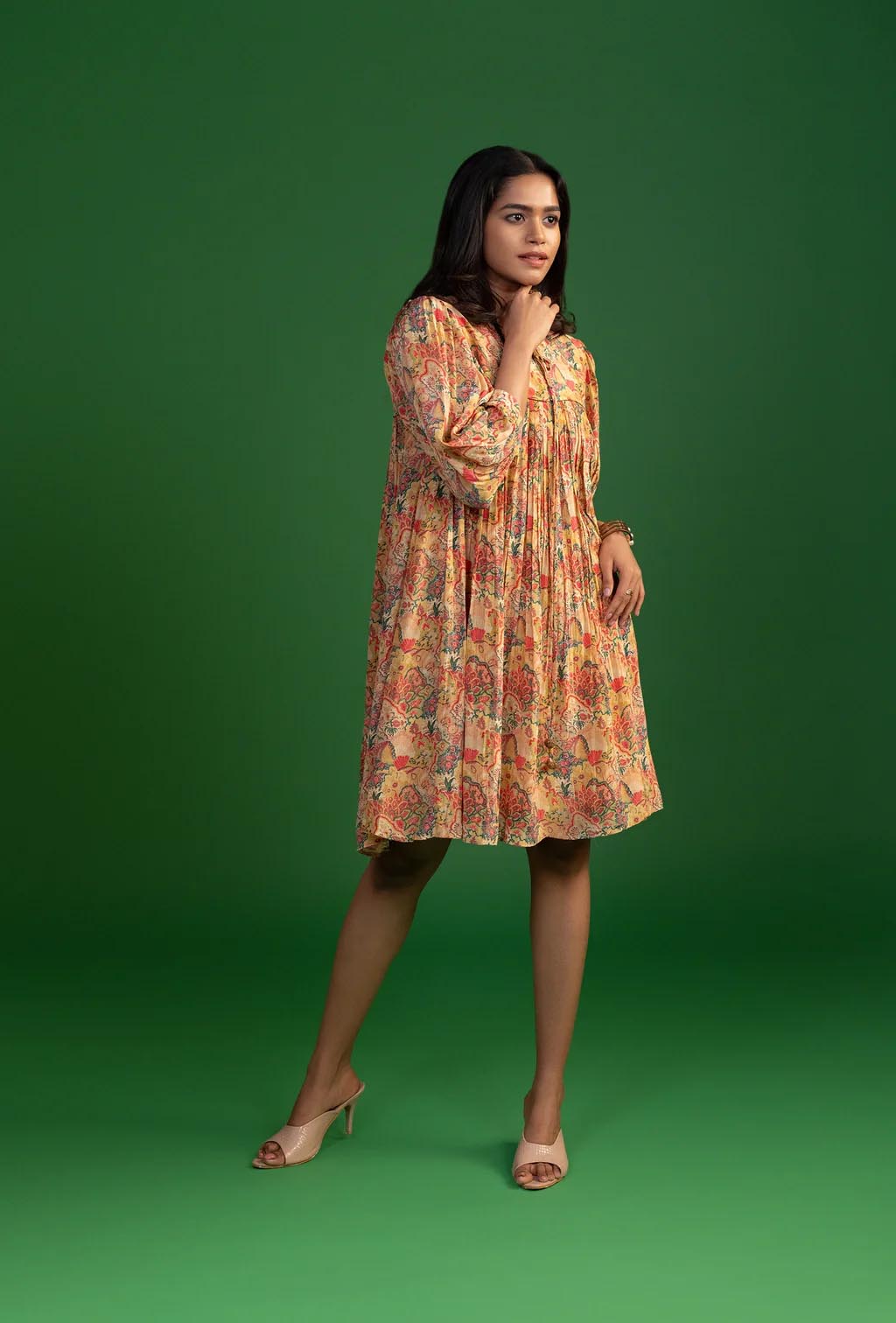 Ochre Drawstring Pleated Short Dress