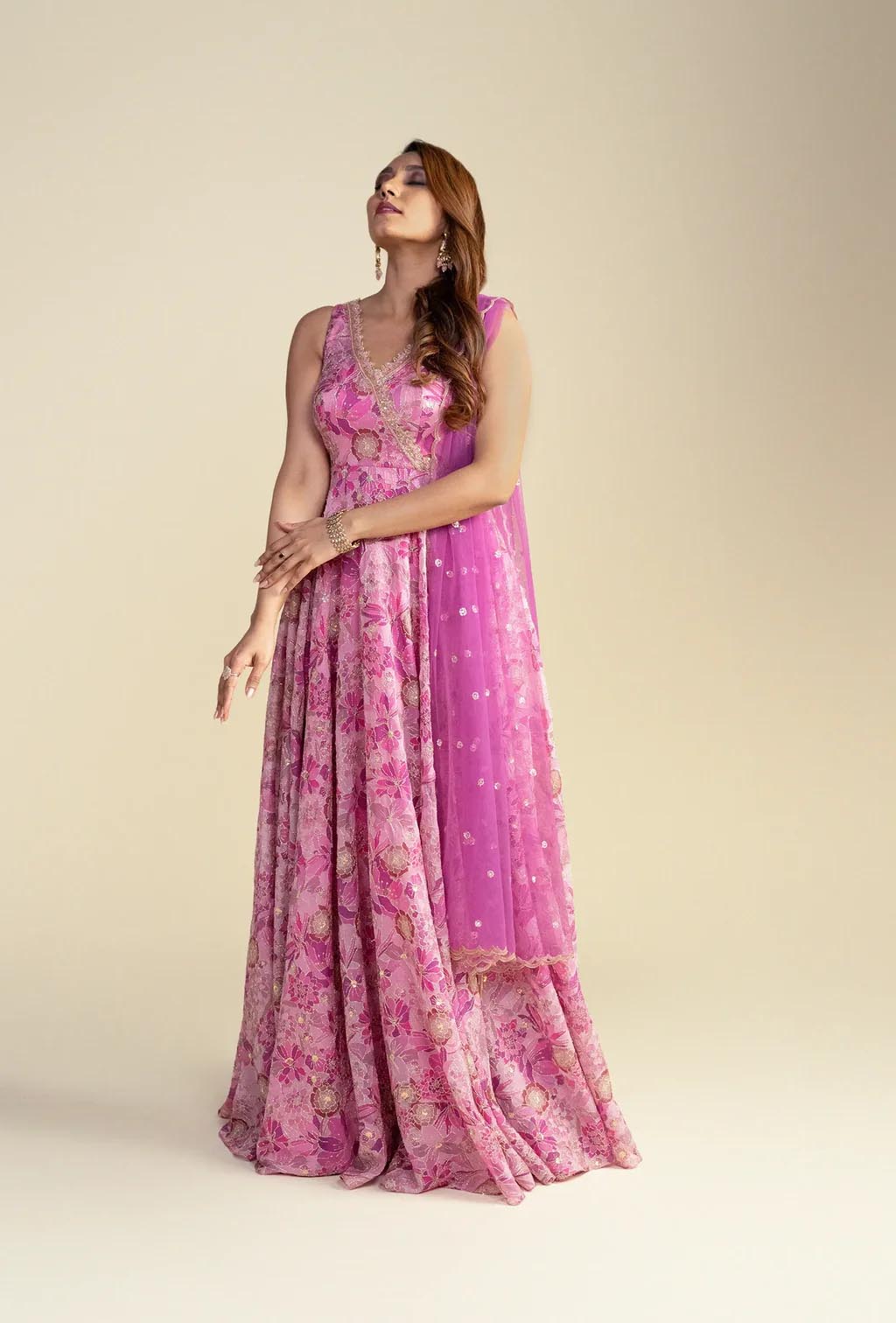 Pink Floral V-Neck Anarkali Set