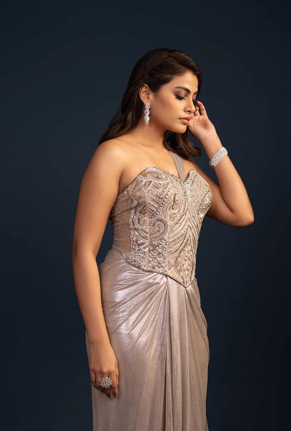 Delphine Waist Emphasizing Corset and Cinched Skirt Set in Metallic Silver