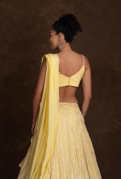 Iris Pastel Yellow Sequined Embroidery Lehenga Set
