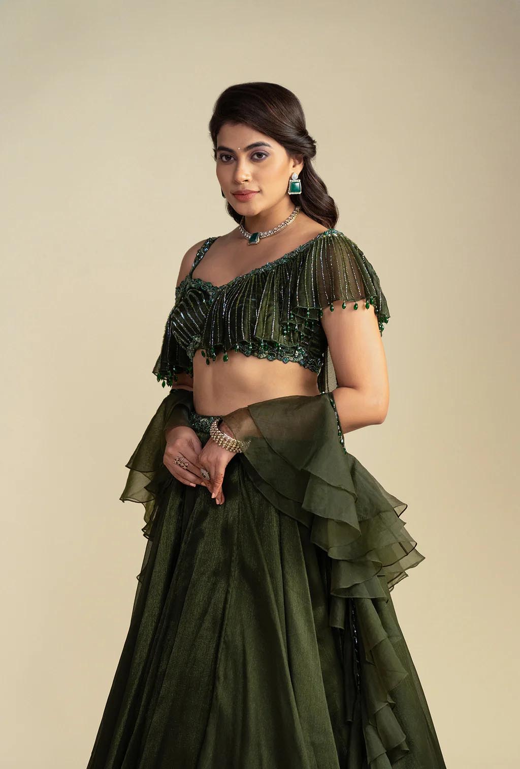 Pine Dark Olive Green Asymmetrical Ruffled Blouse Lehenga Set