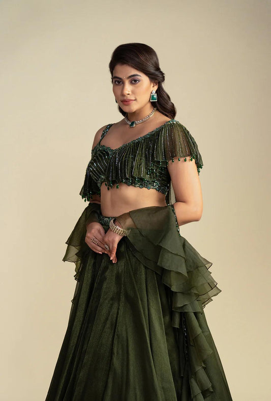 Pine Dark Olive Green Asymmetrical Ruffled Blouse Lehenga Set