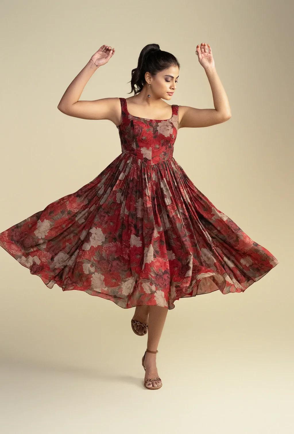 Brick Red Floral Print Short Corset Dress