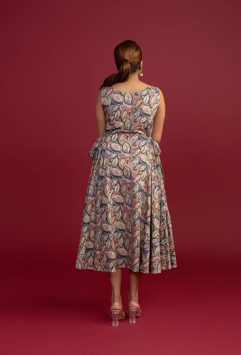 Green Leaf Print Hip Pleated Midi Dress