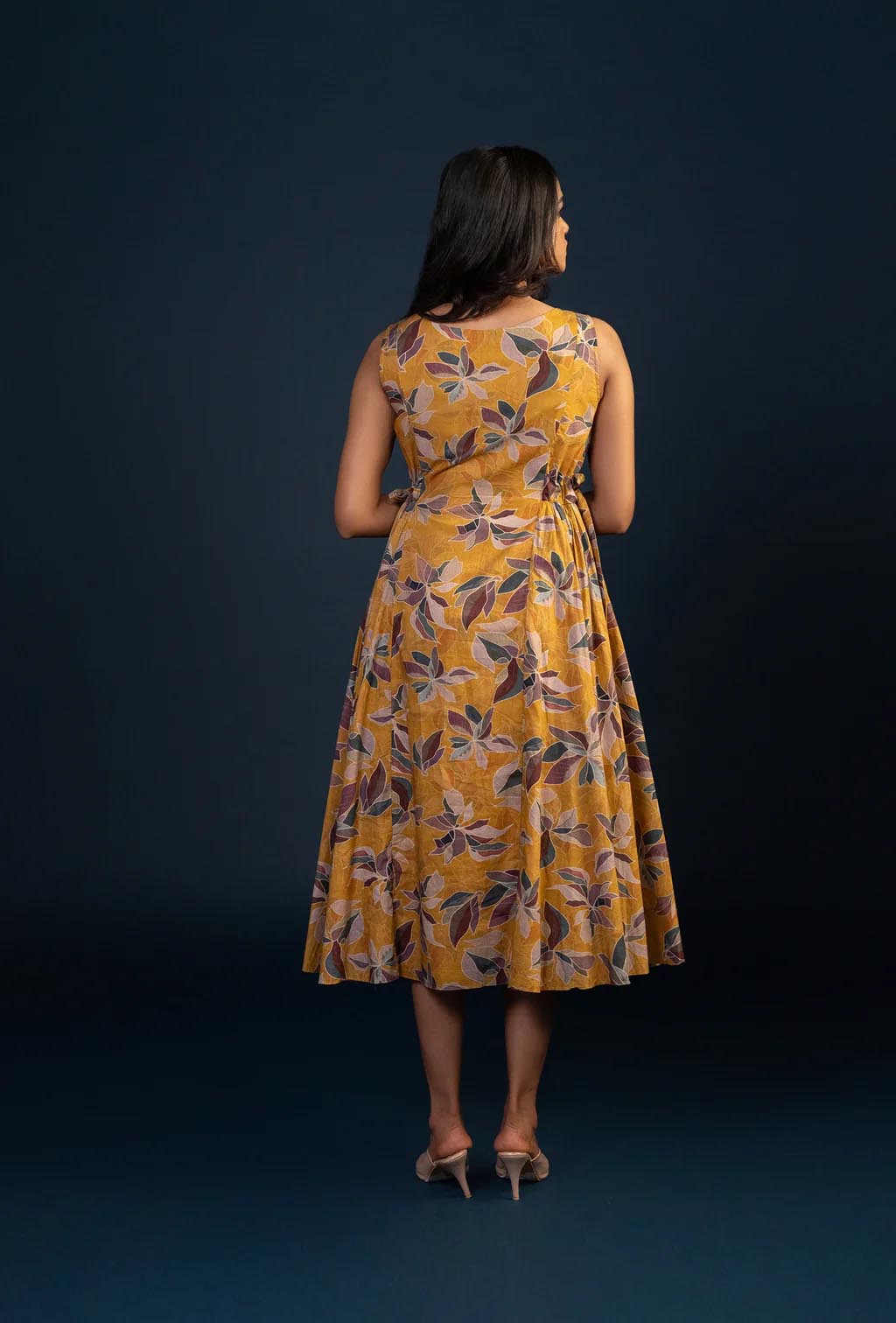 Ochre Floral Print Hip Pleated Midi Dress