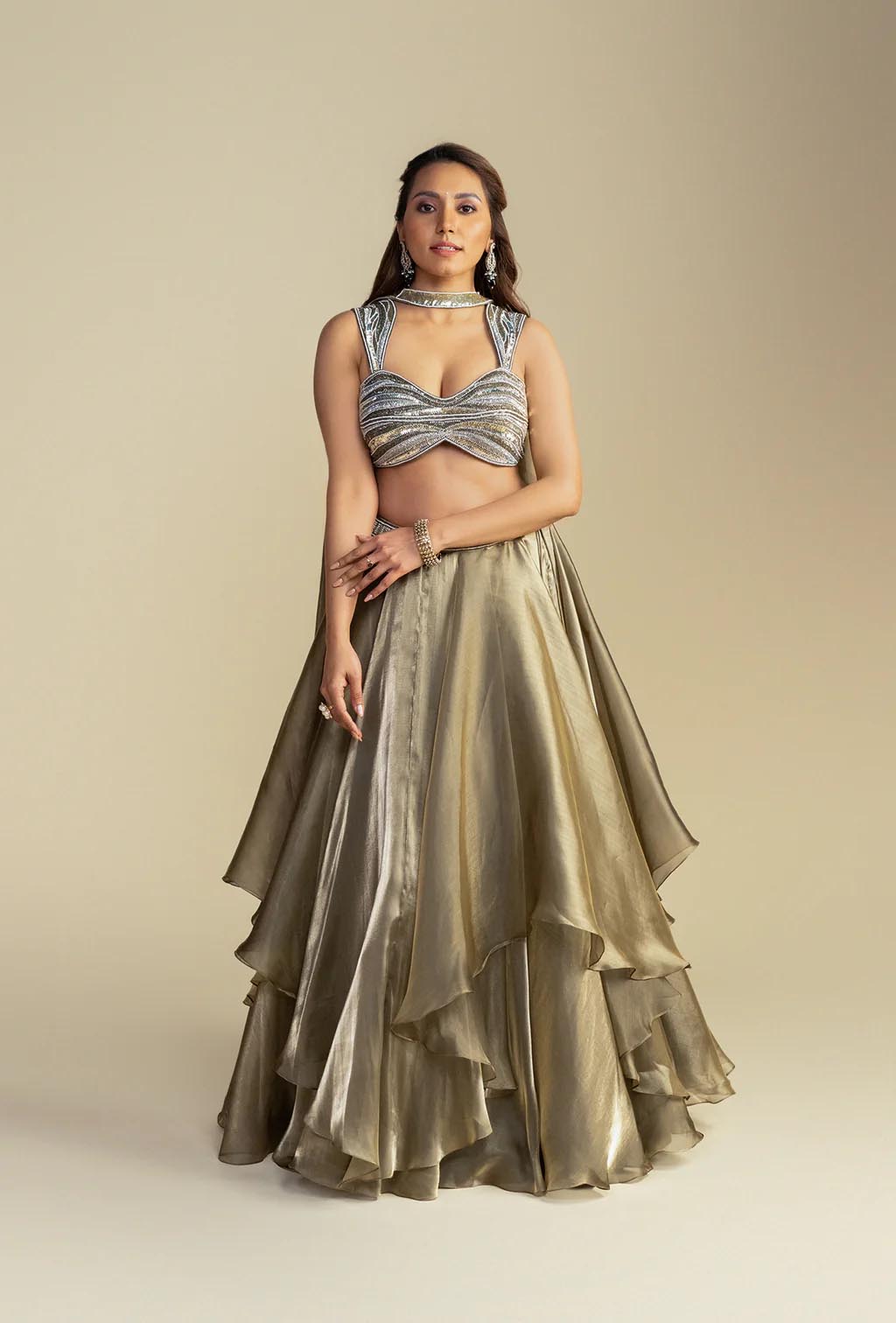 Aura Golden Green Glass Tissue Organza Lehenga with Metallic Blouse