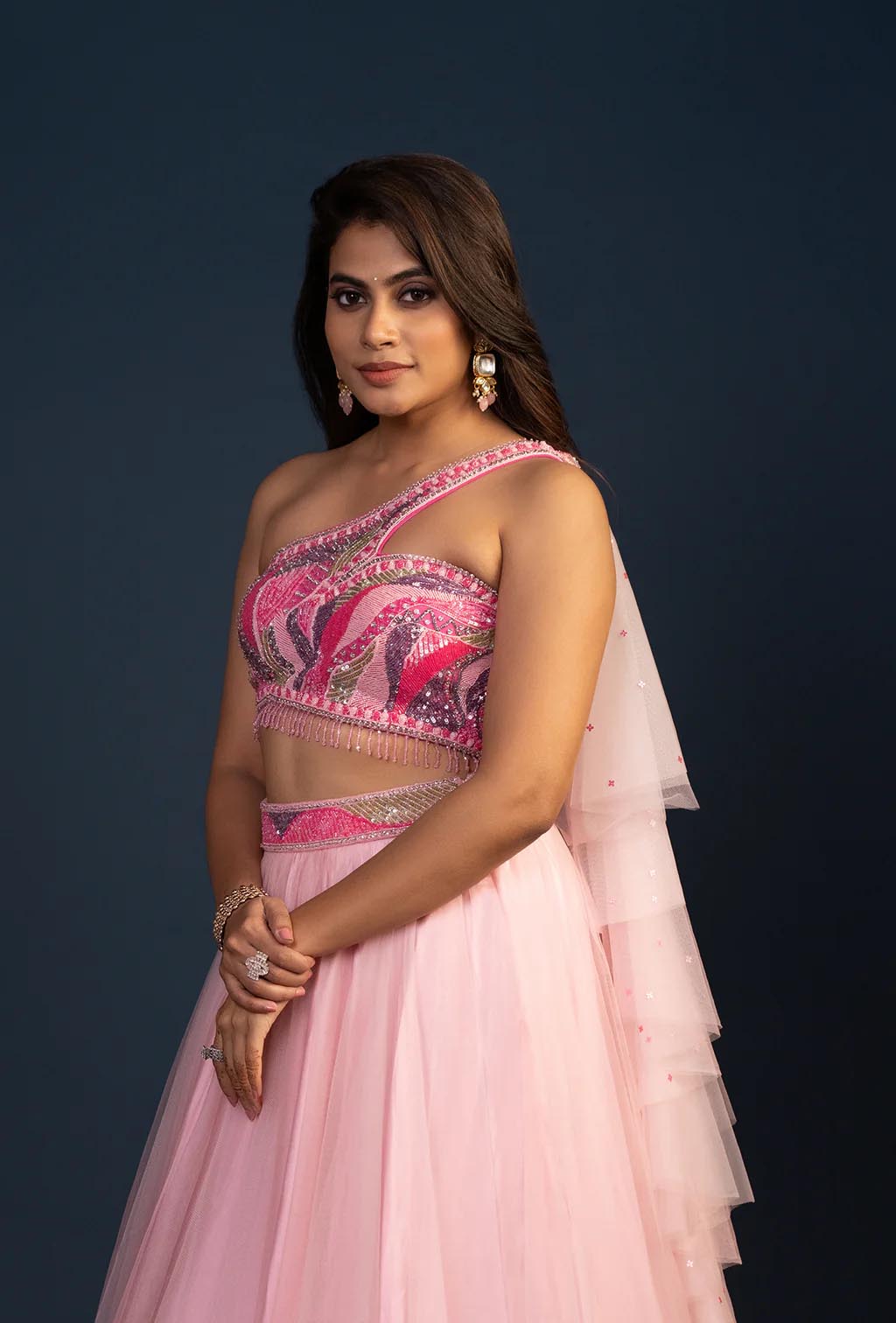 Dewrose Ombre Pink Net Lehenga with Asymmetric Blouse