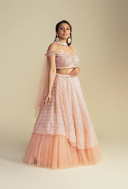 Dewdrop Romantic Pink Sequined Lehenga with Off Shoulder Sleeves
