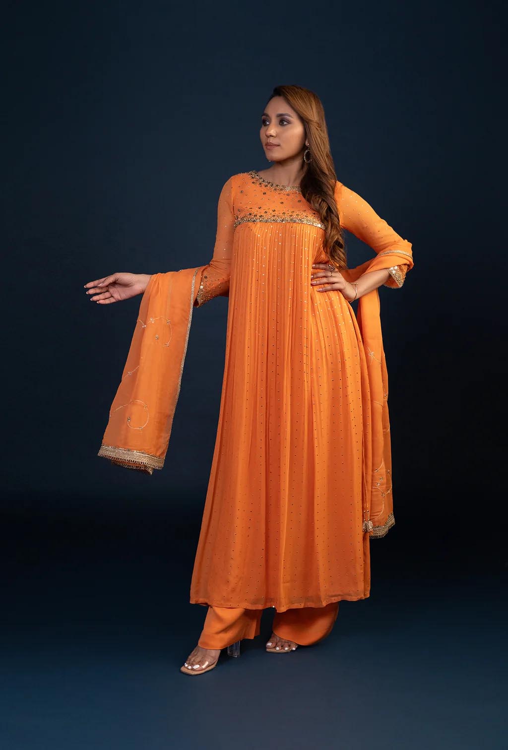Sunset Orange Empire Line Long Kurta Set
