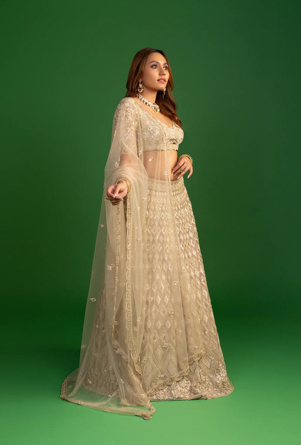 Mirage Golden Green Net Resham Work Lehenga Set
