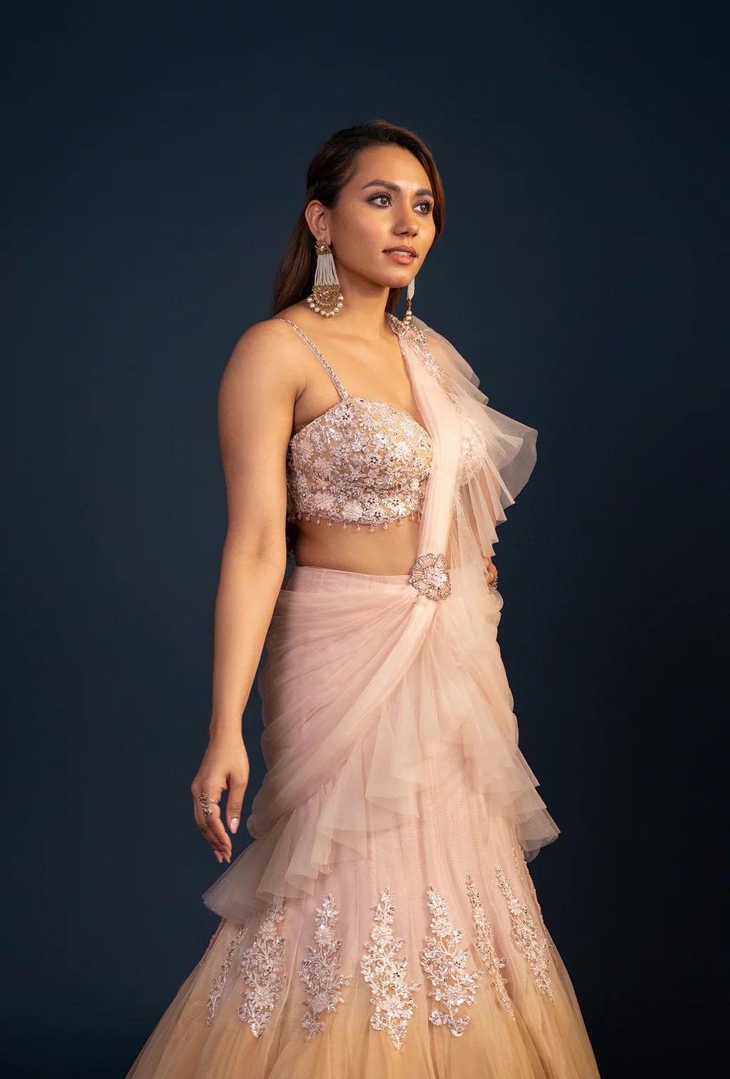 Oasis Dual Color Mermaid Ruffle Lehenga Set with Attached Dupatta