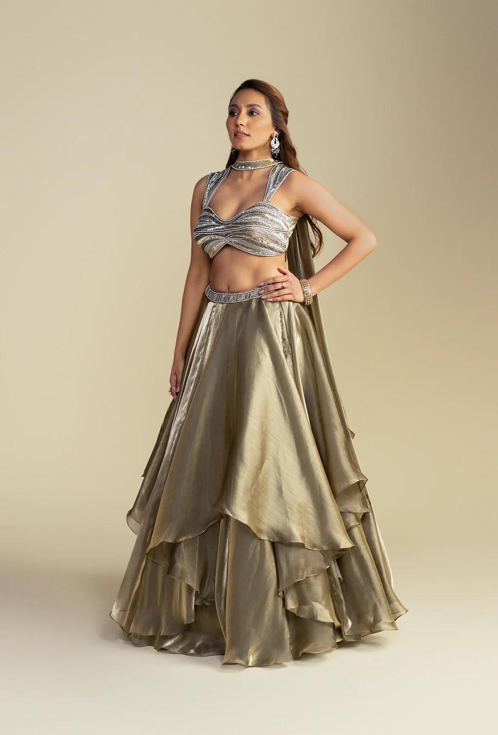 Aura Golden Green Glass Tissue Organza Lehenga with Metallic Blouse