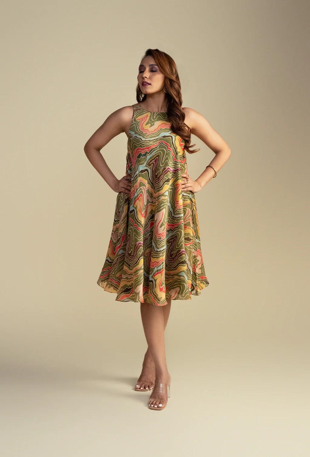 Olive Green Geometric Print Short Dress