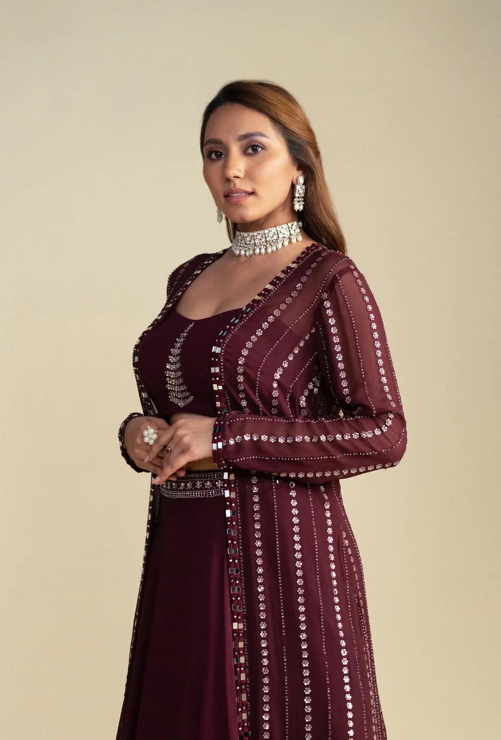 Carmine Maroon Long Sequined Jacket Lehenga Set