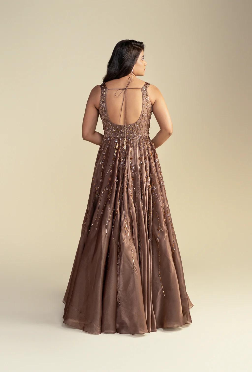Fiza Ginger Brown Glass Organza Embroidered Gown