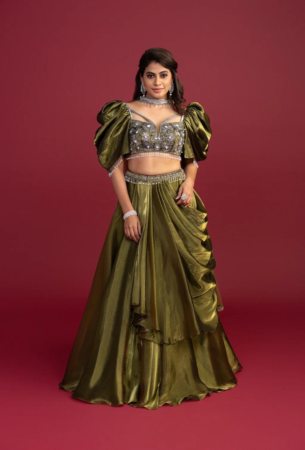 Juniper Dark Olive Green Ruffled Sleeves Lehenga Set