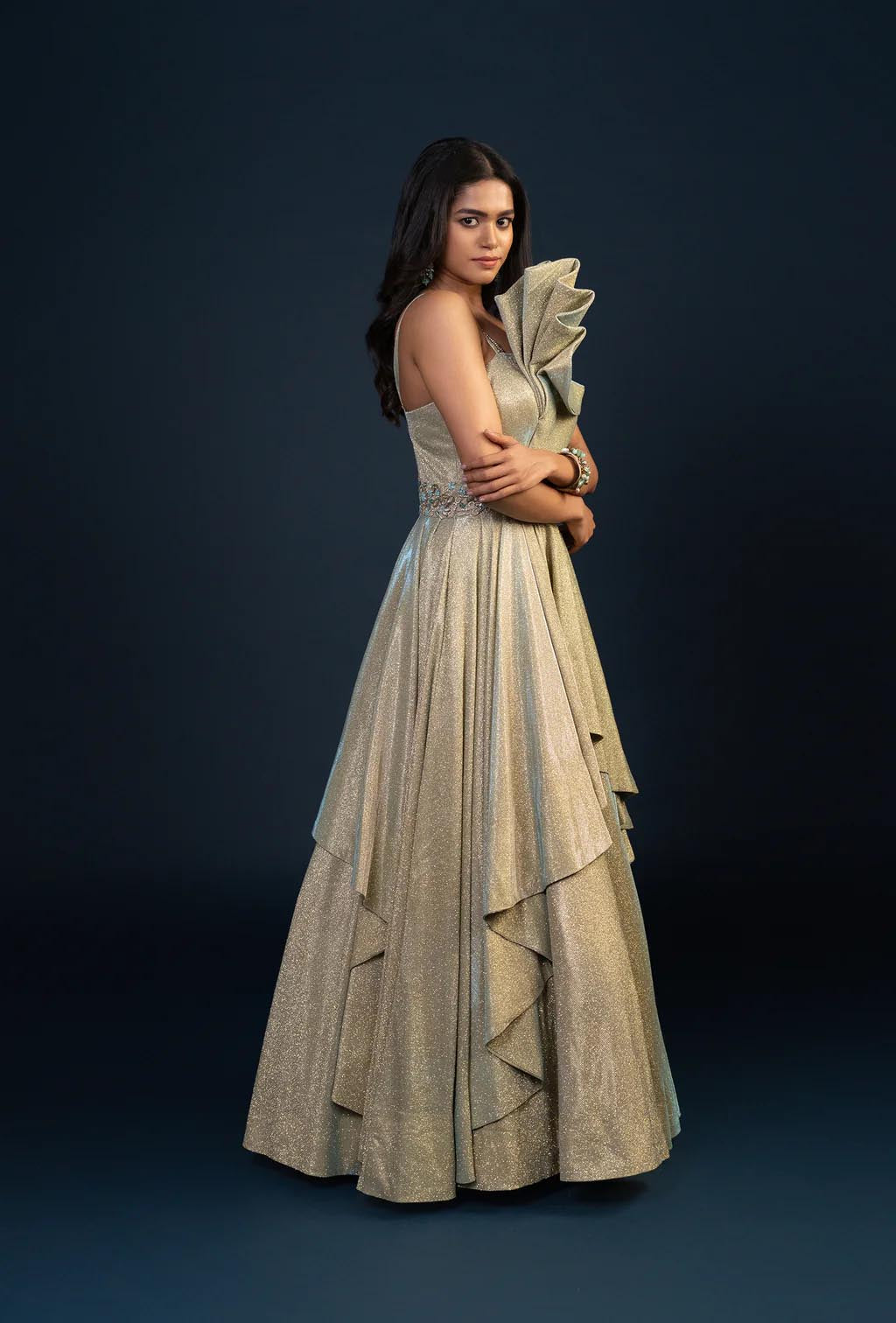 Luna Golden Green Multilayered Stone Work Gown