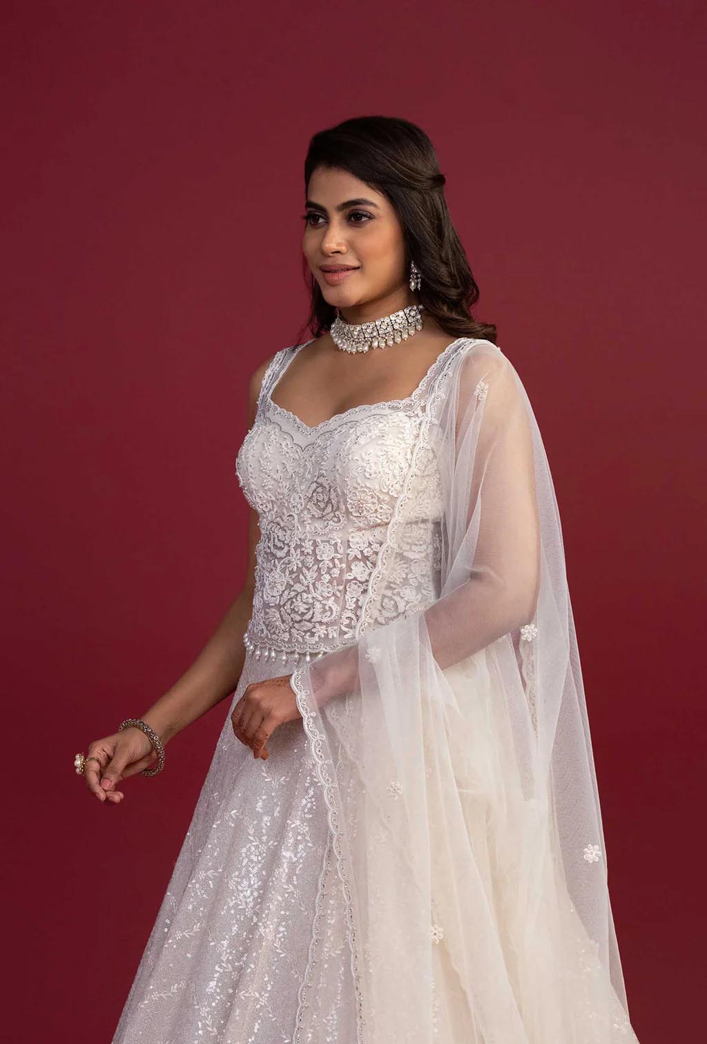 Cascade Pearl Ivory Sweetheart Neck Lehenga Set