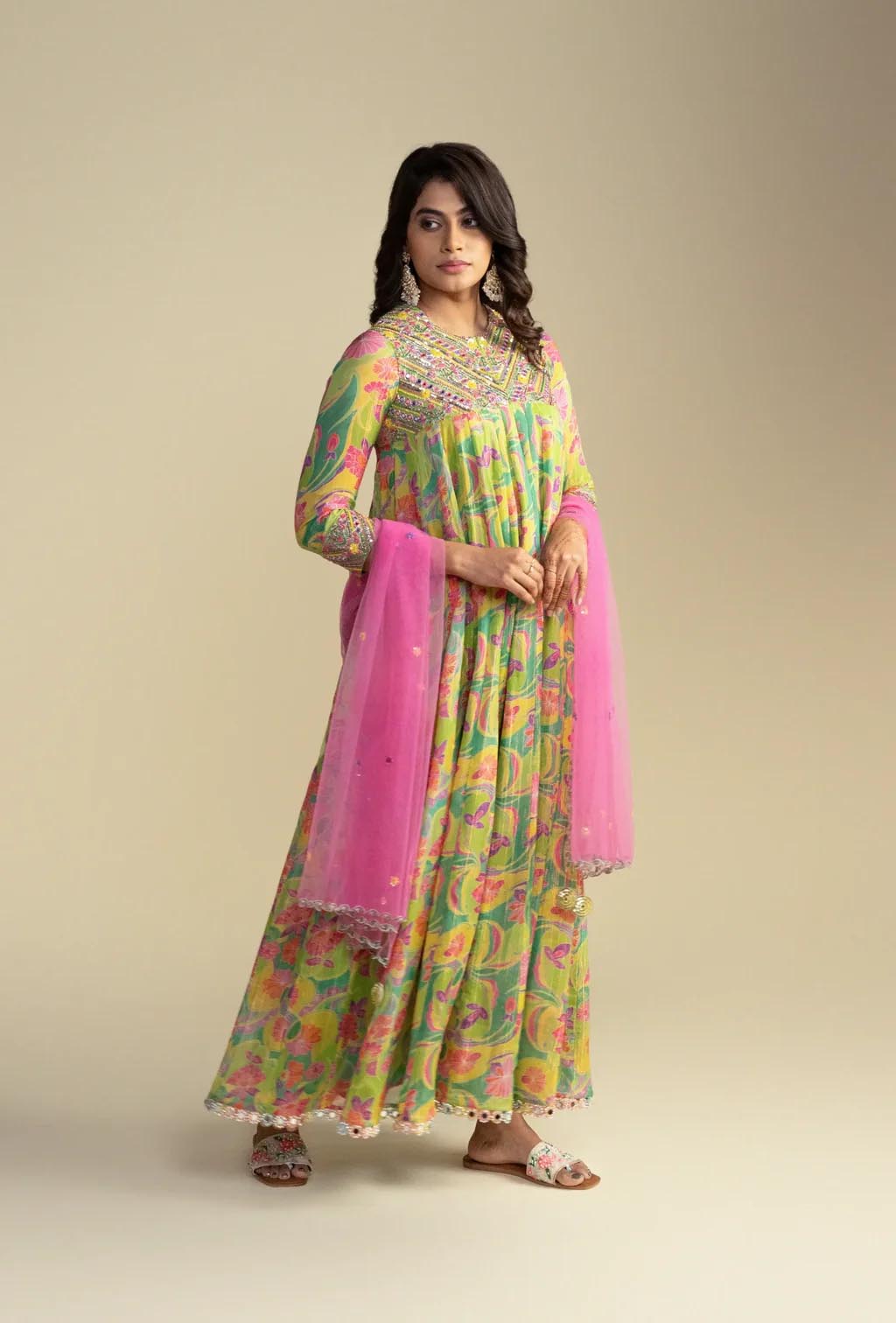 Green Floral Anarkali Set