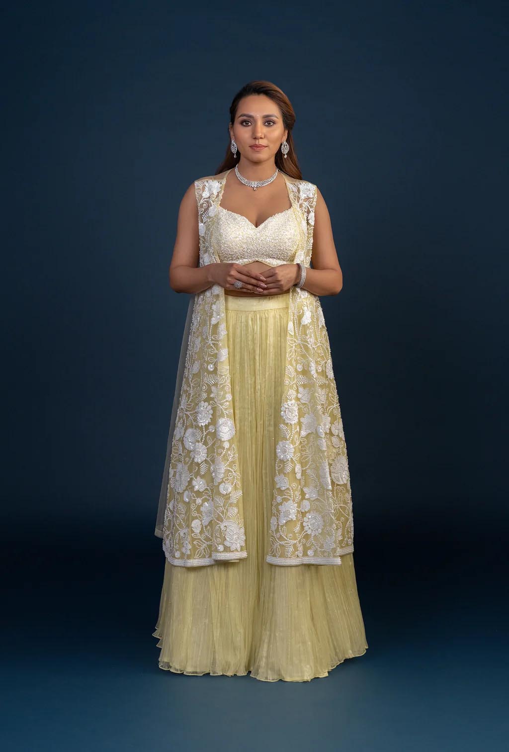 Irene Three piece Pastel Yellow Embroidered Lehenga Set