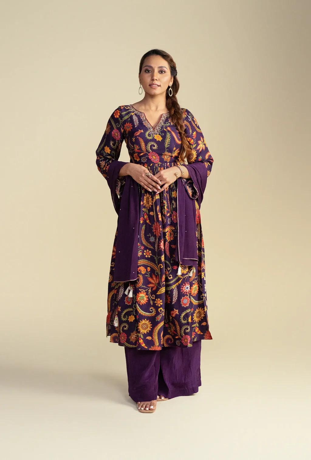 Purple Floral Silk Kurta & Palazzo Set