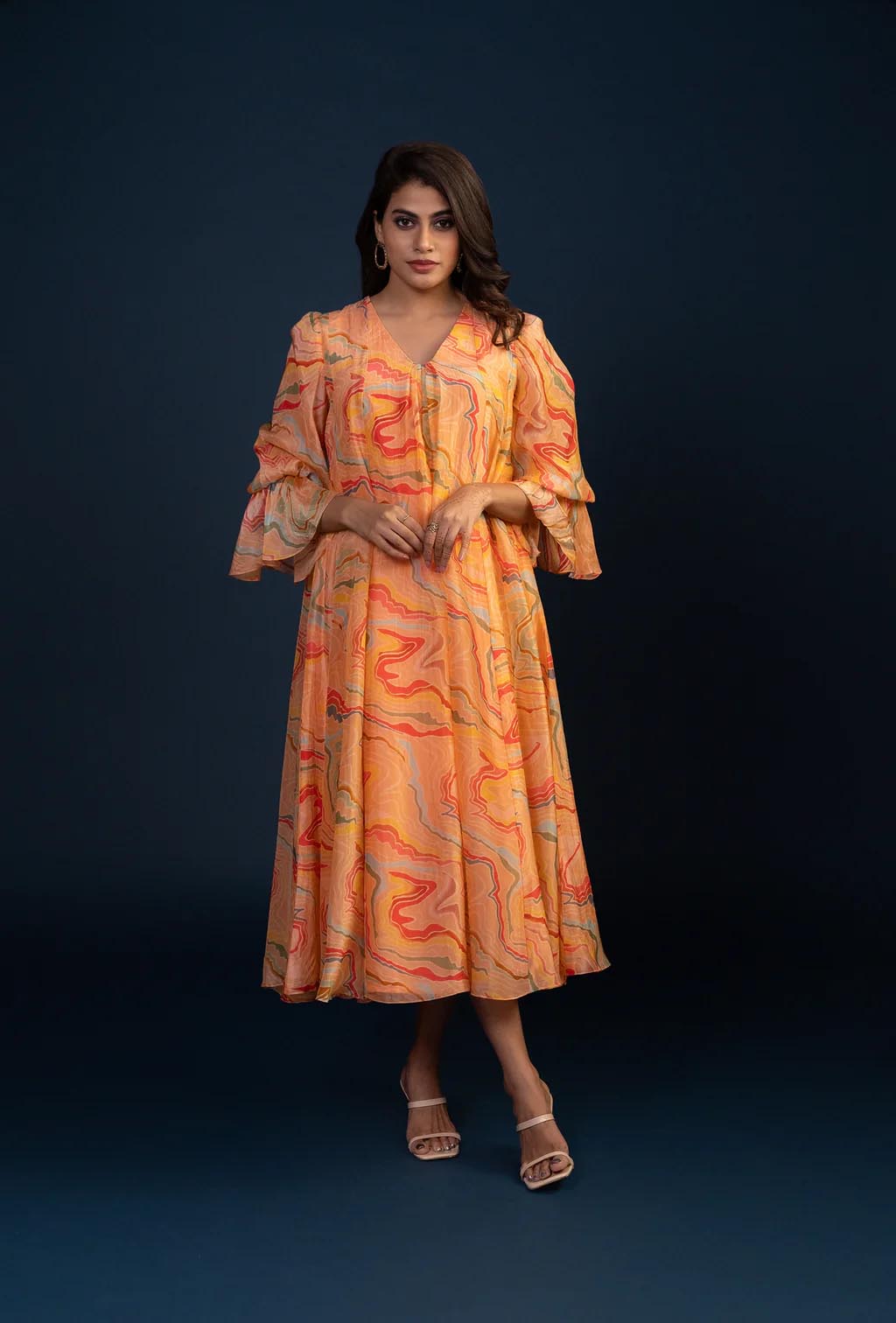 Peach Abstract Print Midi Dress