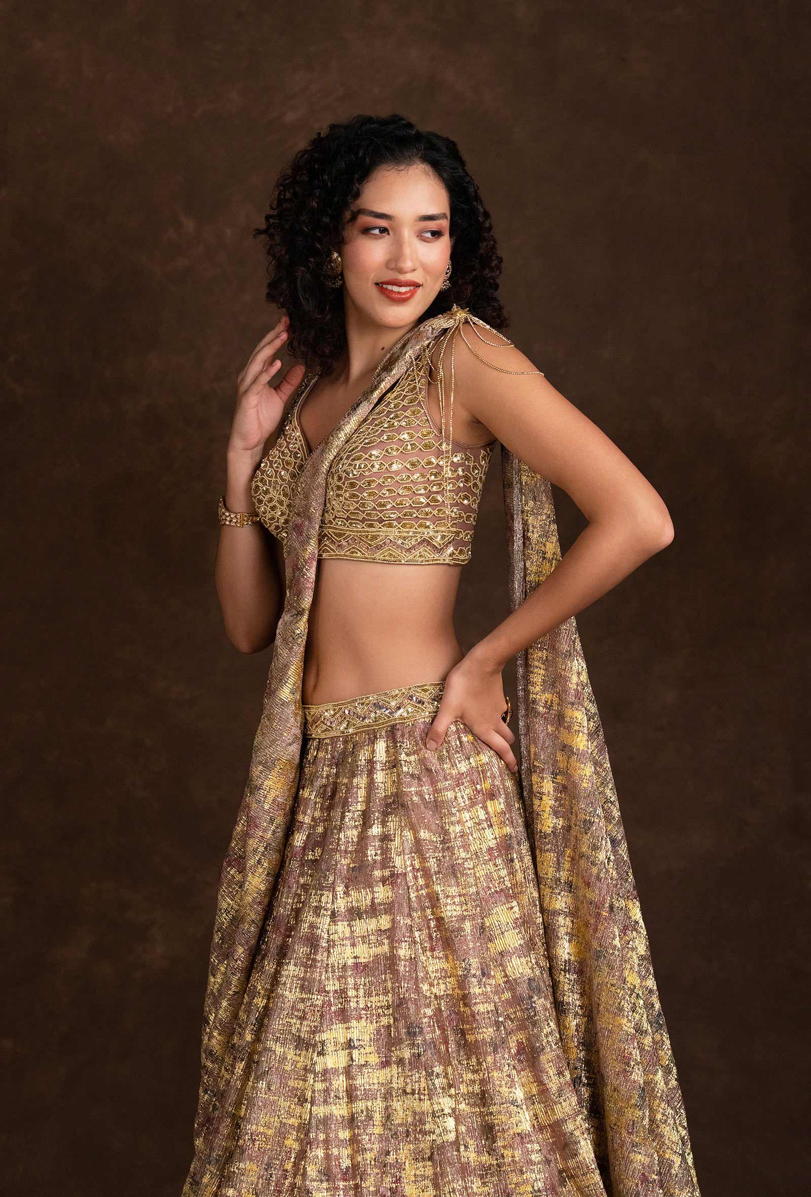 Clover Marble Effect Lilac and Golden Choli and Attached Dupatta Lehenga Set