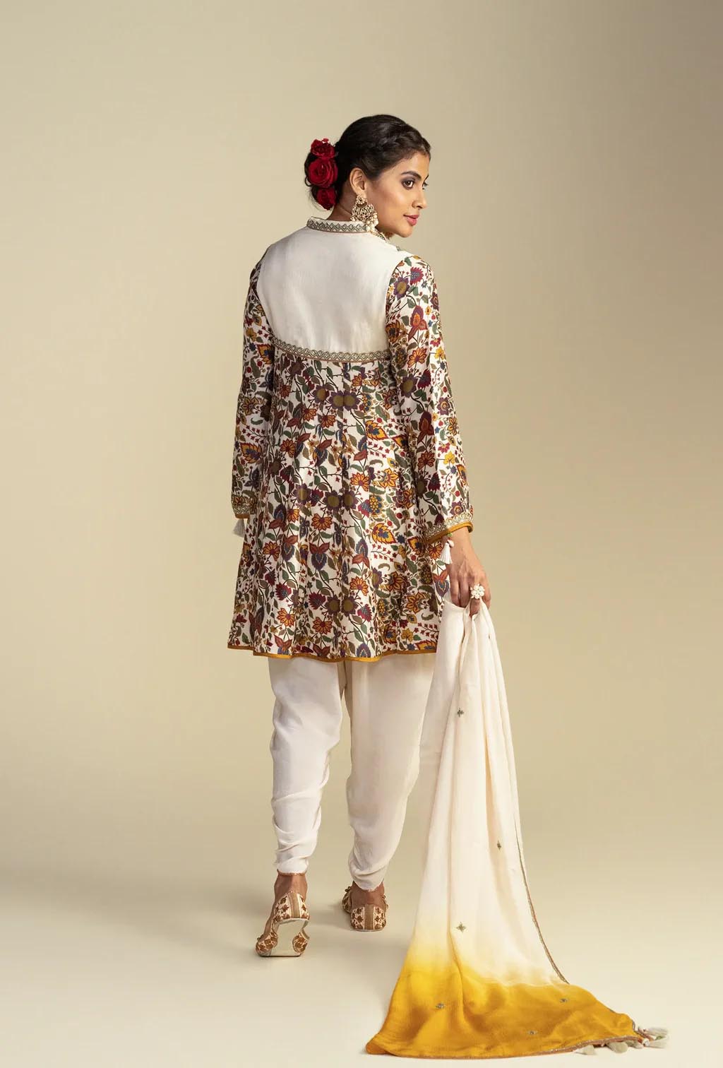 Ivory Floral Print Ethnic Kurta & Dhoti Set