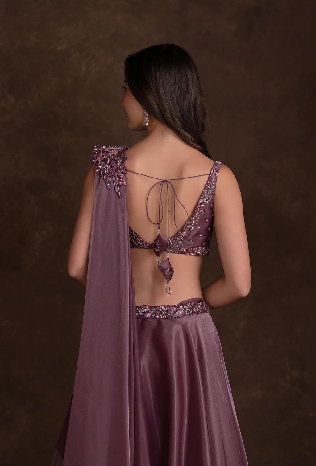 Amora Berry Wine Glass Tissue Embroidered Lehenga Set with Attached Dupatta