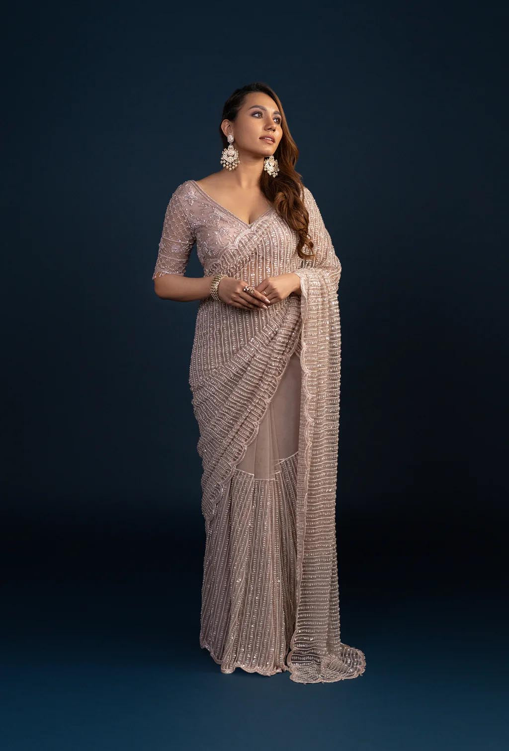 Raina Dusky Pink Pre Pleated Saree with Crystal Tassels