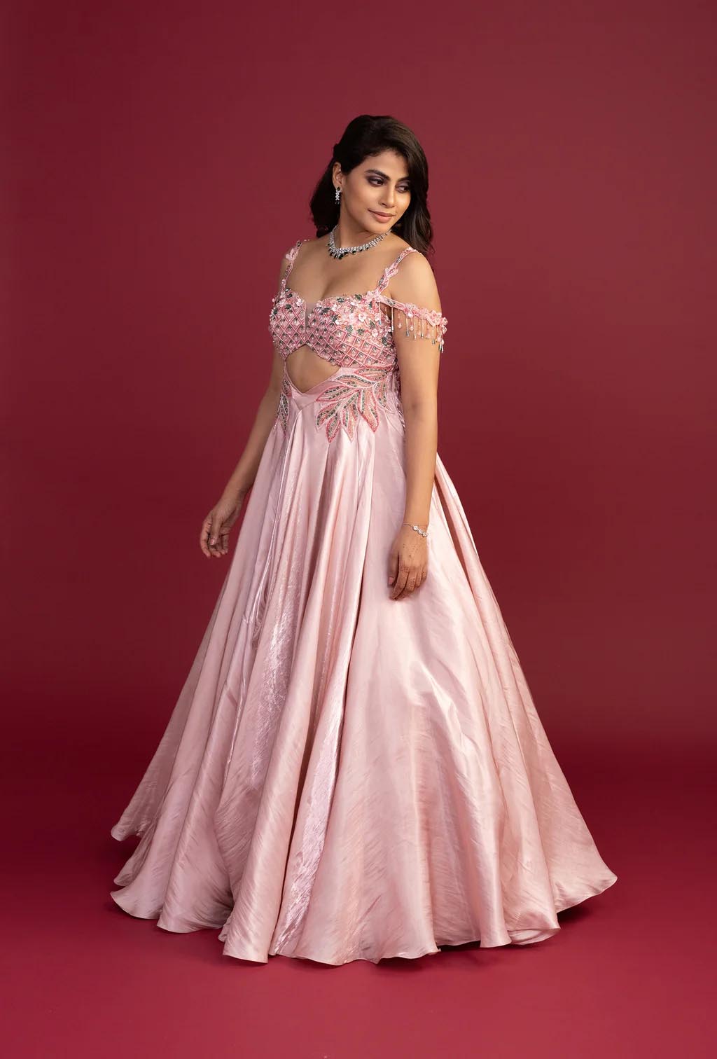 Vivenne Pink Gabana Satin Cold Shouldered Gown