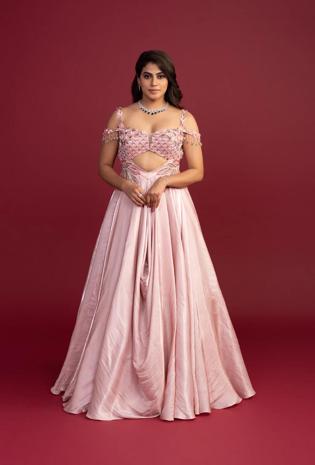 Vivenne Pink Gabana Satin Cold Shouldered Gown
