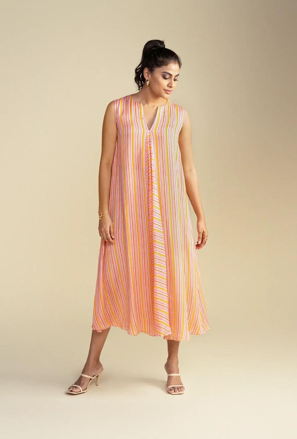 Salmon Pink Striped A-Line Dress