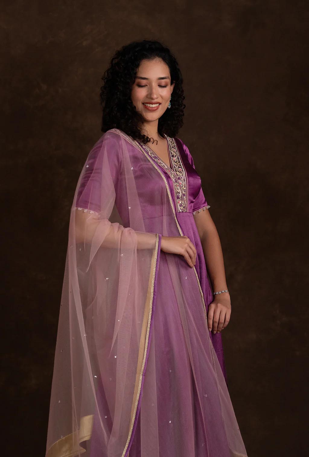 Berry Wine Plunging V-Neck Short Anarkali Set