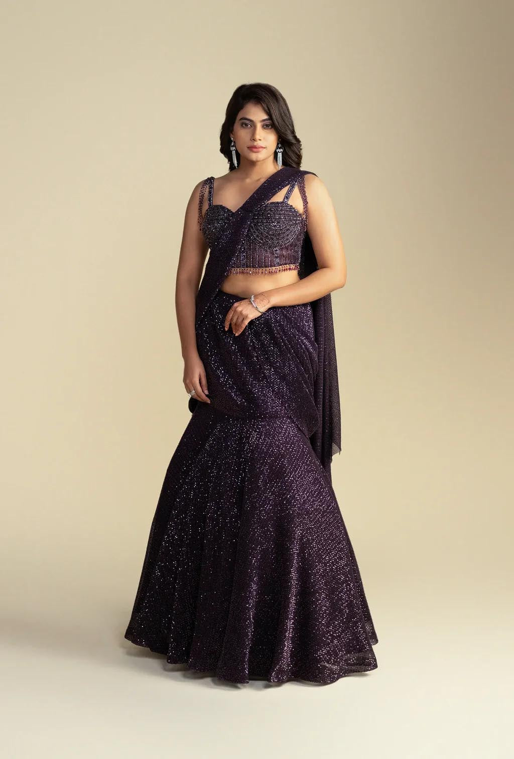 Rooh Dark Wine Pre Draped Mermaid Lehenga Saree