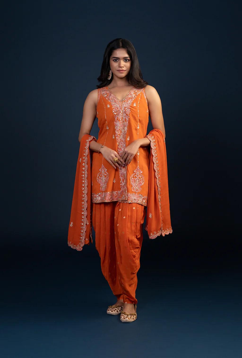 Carrot Orange Short Kurta & Dhoti Set