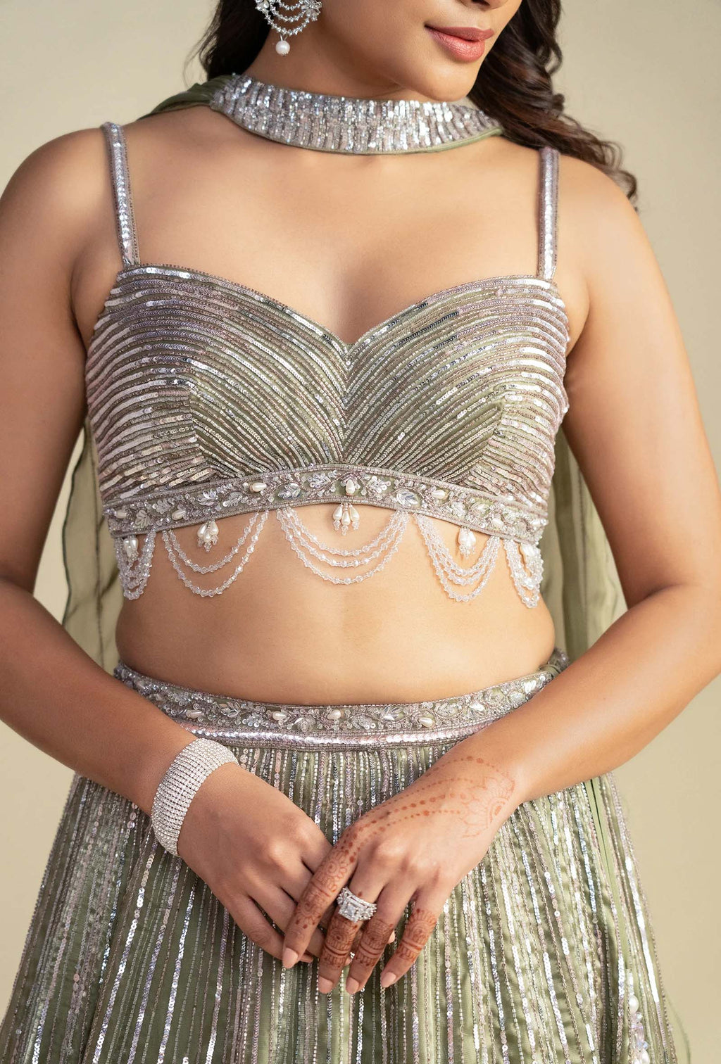 Aurum Moss Green Glass Organza Lehenga with Metallic Blouse