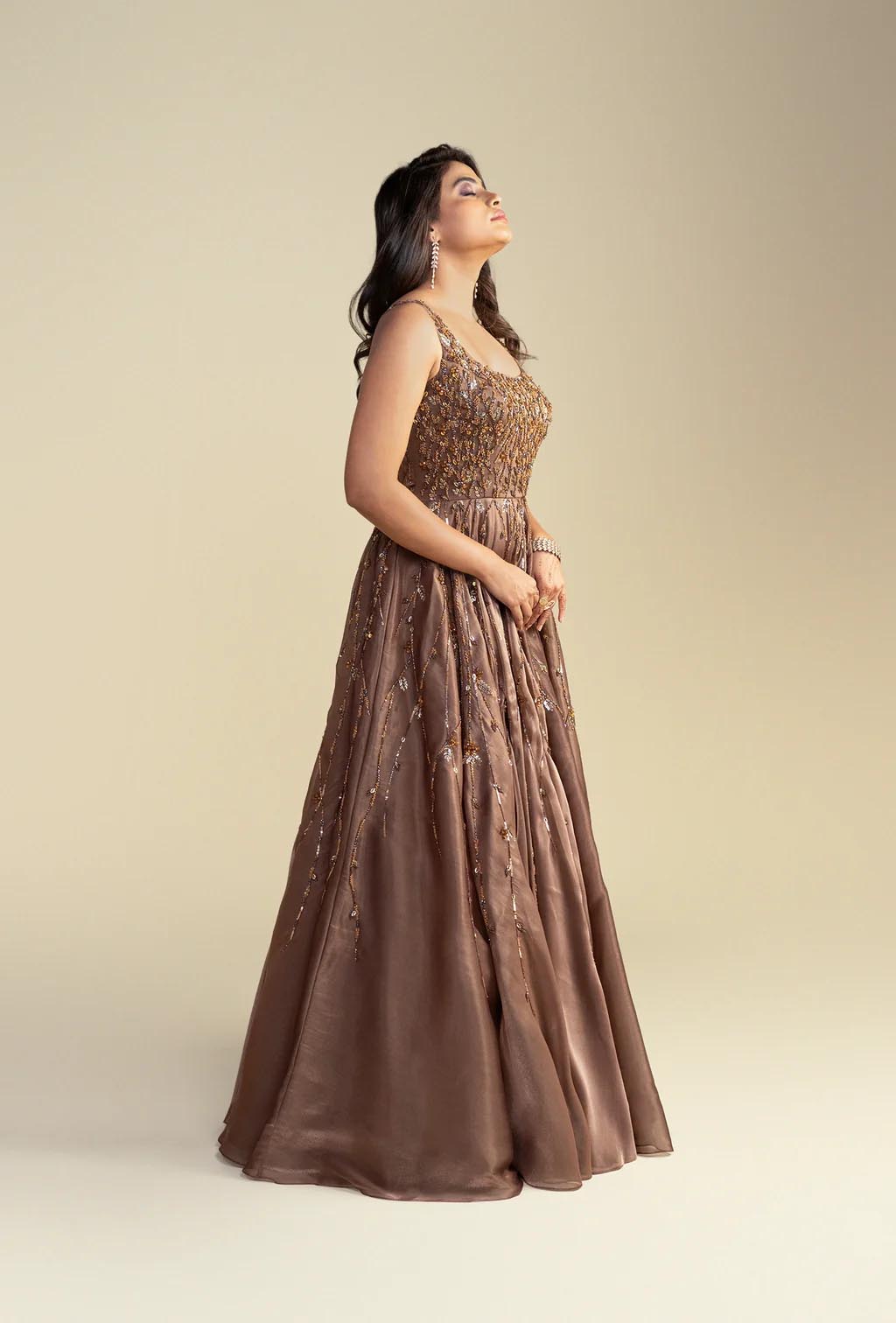 Fiza Ginger Brown Glass Organza Embroidered Gown
