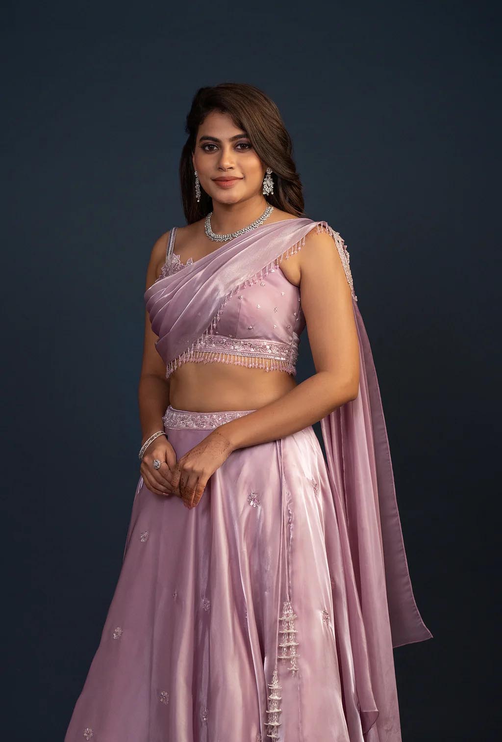 Sakura Lilac Glass Tissue Organza Lehenga Set with attached Dupatta