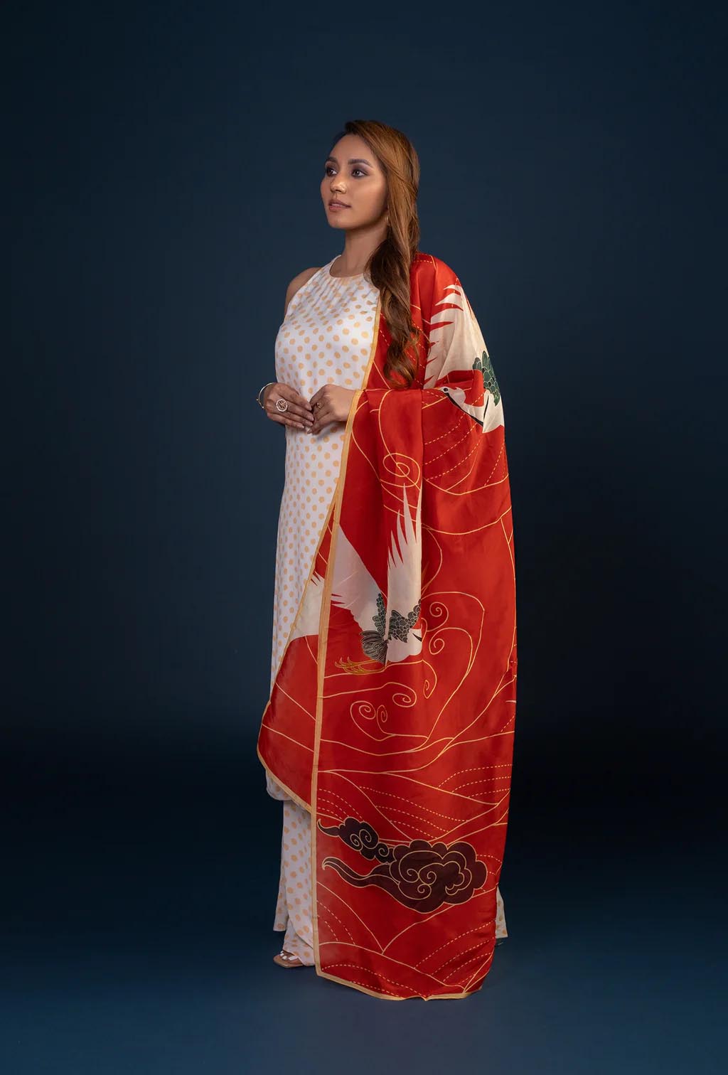 White Polka Dotted Kurta Set with Red Dupatta