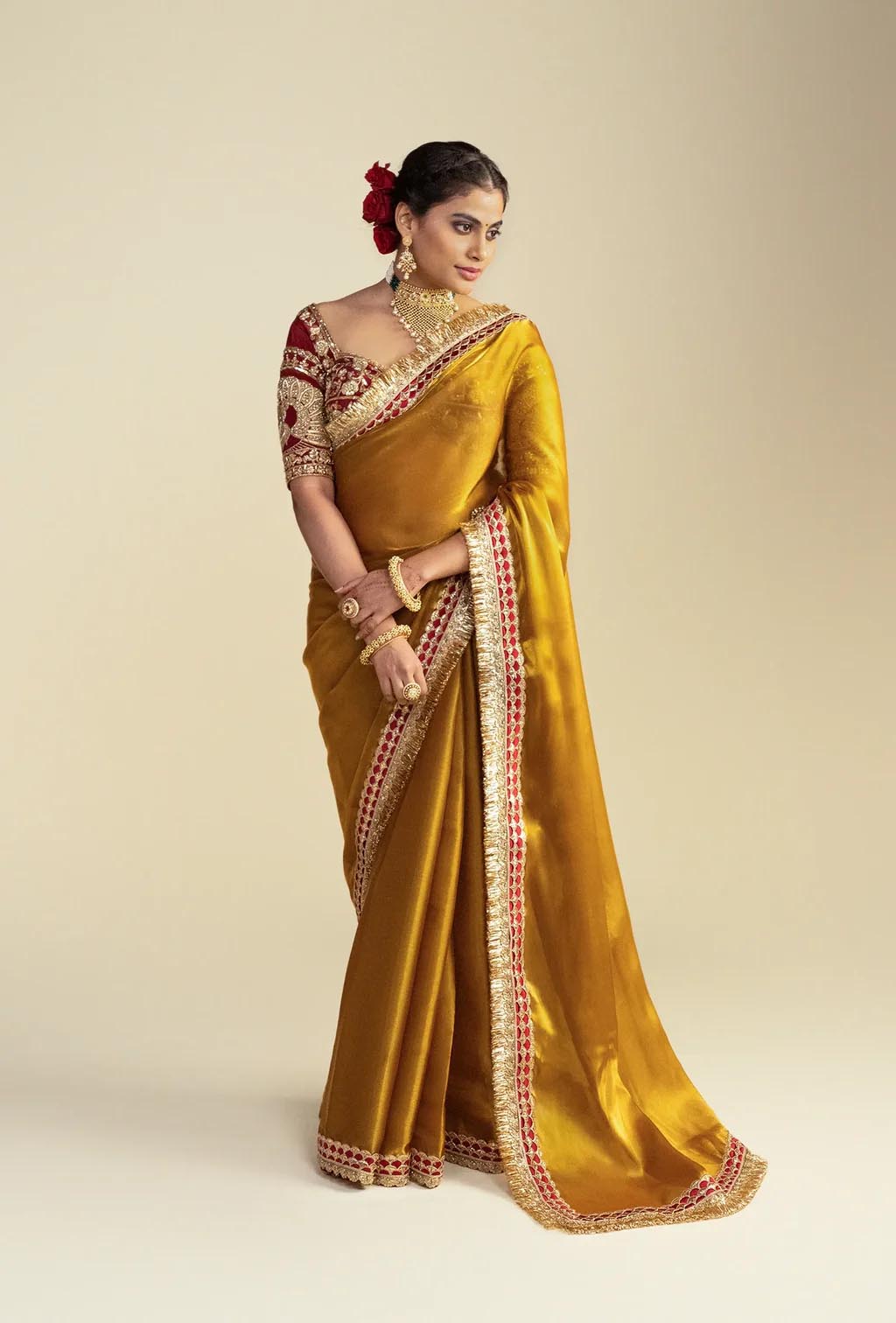 Aarna Golden Glass Tissue Saree with Red Zardozi Blouse