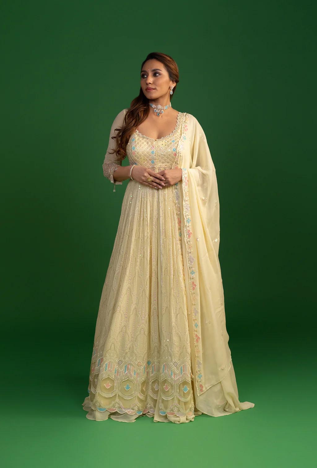 Ariana Pastel Yellow Front Slit Jacket Lehenga Set