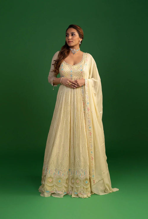 Ariana Pastel Yellow Front Slit Jacket Lehenga Set