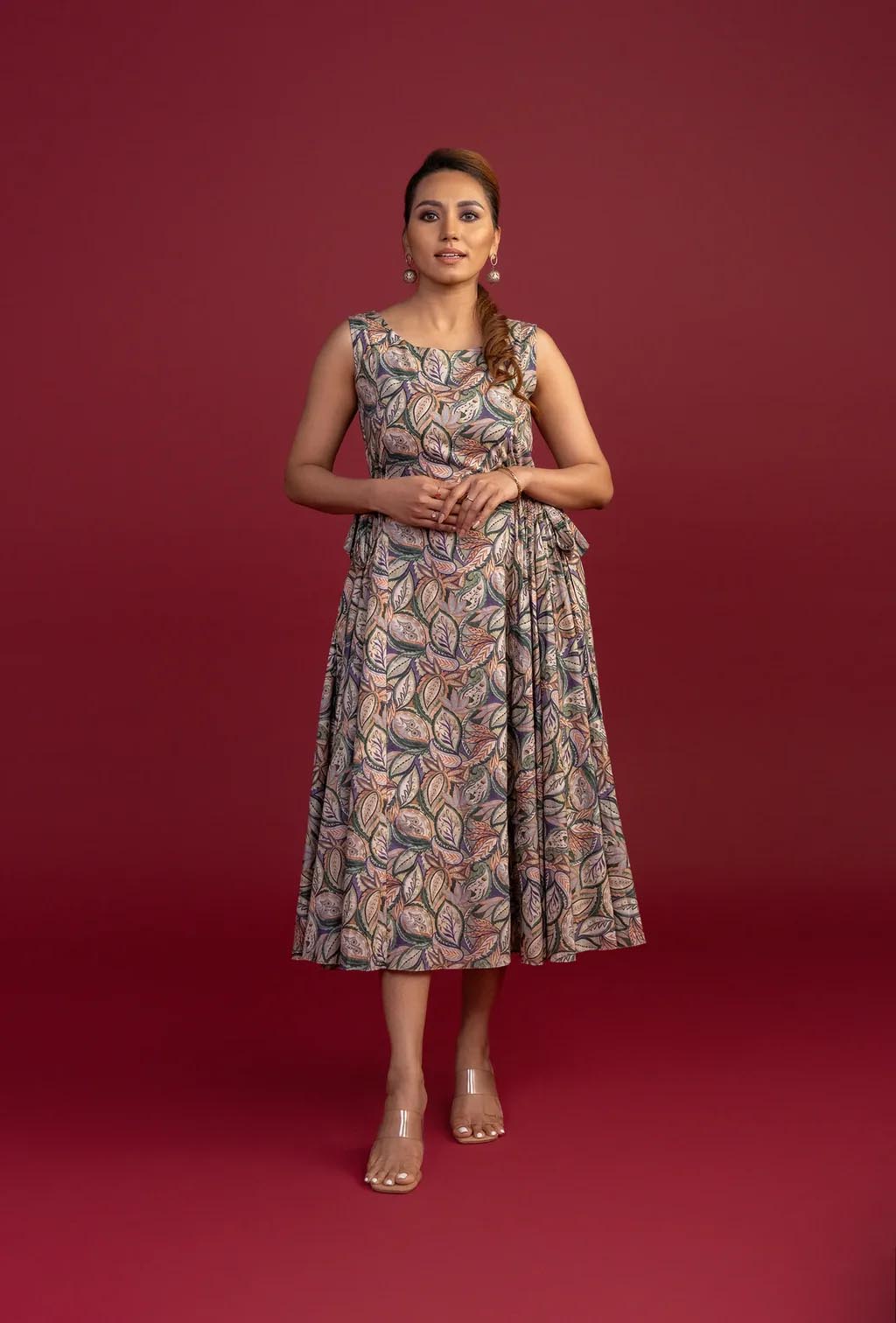 Green Leaf Print Hip Pleated Midi Dress